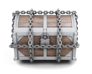 Wooden chest entangled chains. 3d rendering.