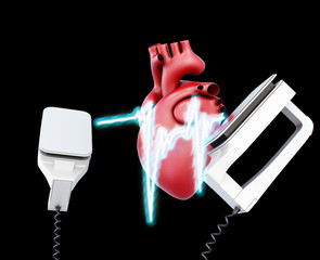 Defibrillator and heart on a black background. 3d illustration