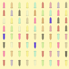 Condoms/
The Illustration with many multicolored condoms for background.