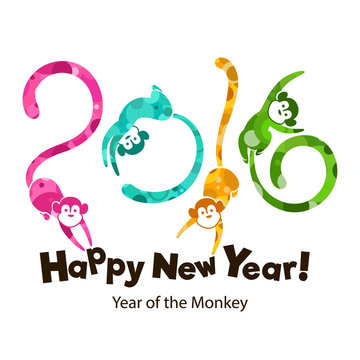 The symbol of the year 2016, a monkey, China. Chinese New Year. Year of the Monkey. Four cheerful monkeys jump. Happy New Year. Multicolored pattern.