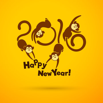 The symbol of the year 2016, a monkey, China. Chinese New Year. Year of the Monkey. Four cheerful monkeys jump. Happy New Year. Yellow background.