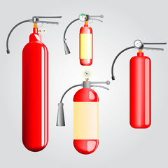 Four red fire extinguisher / Set of fire extinguishers for different purposes(carbon dioxide, foam, chemical)