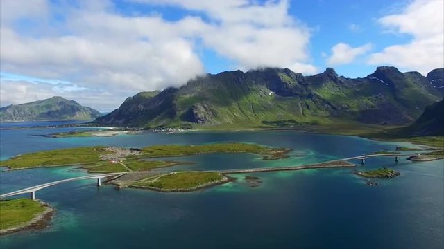 Aerial Footage Of Scenic Tourist Road On Lofoten Islands In Norway With Two Bridges Connecting The Islands. Popular Road Trip. Aerial 4k Ultra HD.