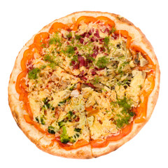 Pizza with cheese and ham isolated on white
