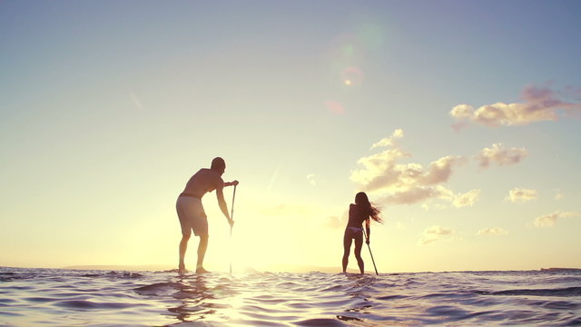 Slow Motion Silhouette Happy Couple Stand Up Paddling Boarding In Ocean 