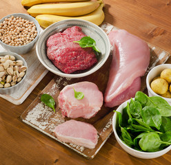 Foods Highest in Vitamin B6 on wooden background.