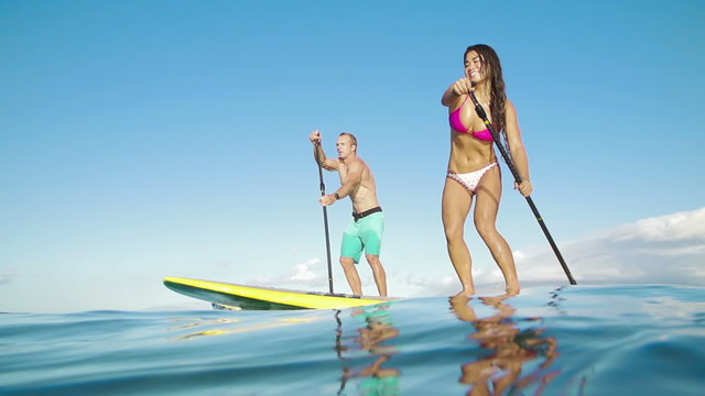 Happy Couple Stand Up Paddle Surfing, Summer Sport