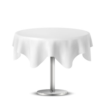  Empty Round Table With Tablecloth Isolated On White Background