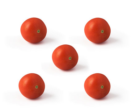 Five tomatoes isolated on white background