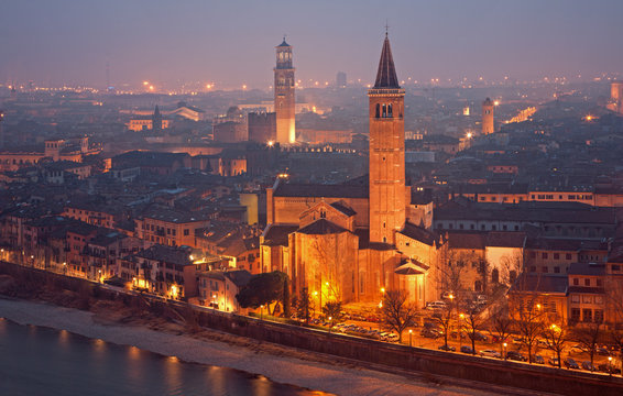Verona - Outlook from Castel san Pietro in winter evening to Santa Anastasia church
