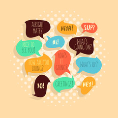 Most Common Used Typical Hello Phrases On Speech Flat Bubbles
