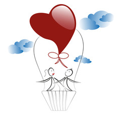 romantic boy and girl with heart baloon in the blue sky, vector