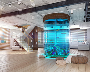 The loft interior with aquarium