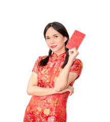 Asian lady in red  cheongsam suit  holding red envelope or Ang-pao