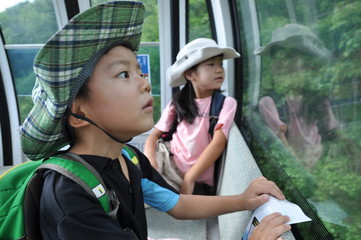 Girl and boy in overhead cable car
