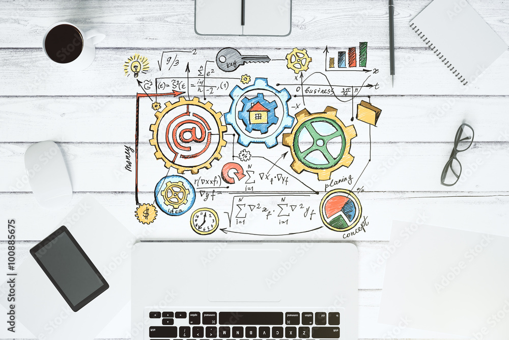 Poster top view of a wooden desktop with business scheme concept