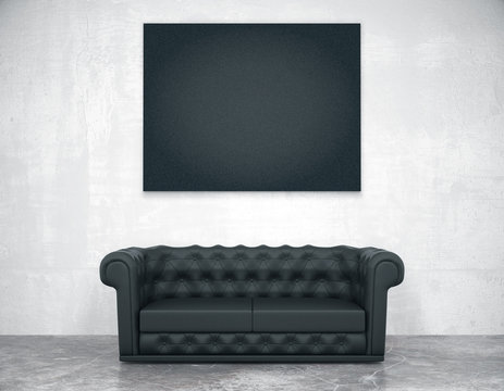 Black blank picture frame on the concrete wall and leather sofa,