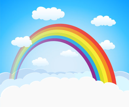 cartoon sky with rainbow and clouds. vector horizontal backgroun