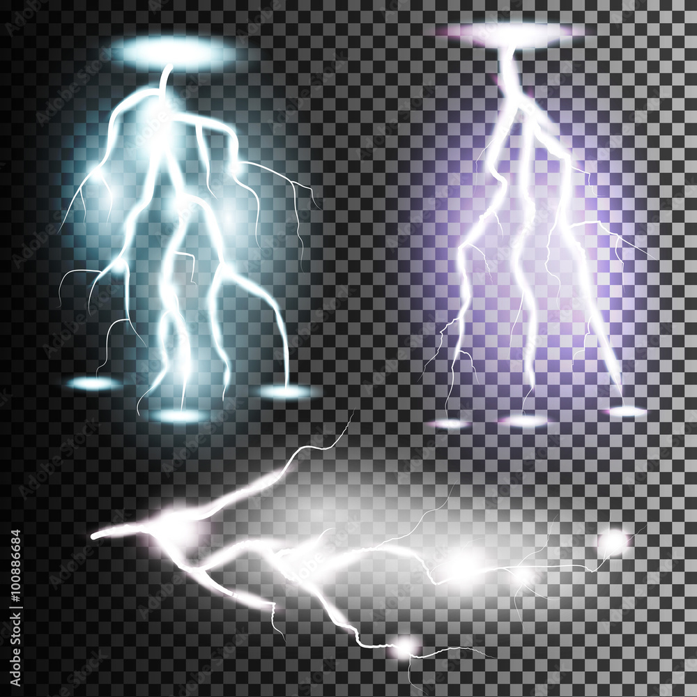 Poster set of the isolated realistic lightnings with transparency