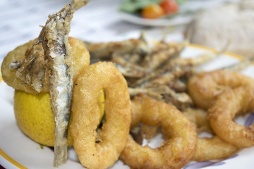 mixed fry of fish with anchovies and squid rings