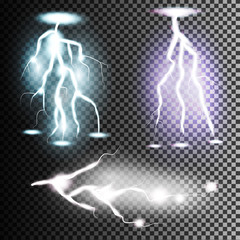 Set of the isolated realistic lightnings with transparency