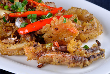 fried squid with chili on white plate