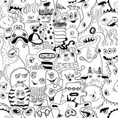 Sketch Seamless Pattern With Funny Monsters.