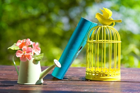 Decorative Bird Cage, Book With Heart And Flowers