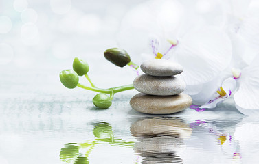 Spa still life with stones, orchid on water reflection