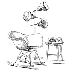 Modern interior hand drawing vector.