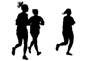 Woman athletes on running race on white background