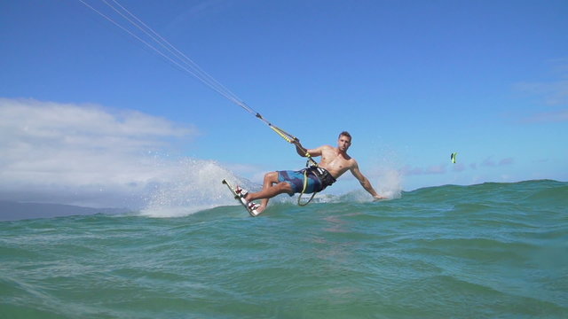 Young Man Kite Surfing In Ocean, Extreme Summer Sport 