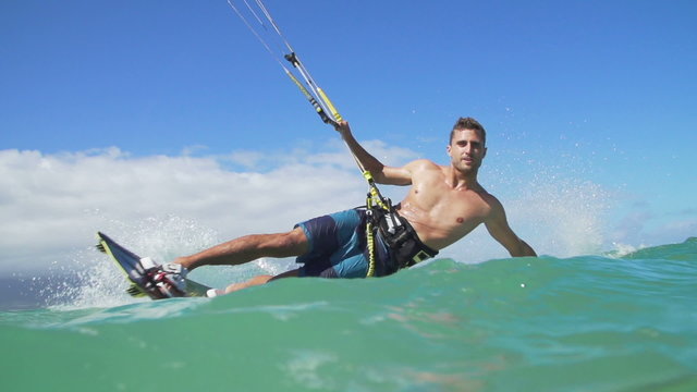 Young Man Kite Surfing In Ocean, Extreme Summer Sport 