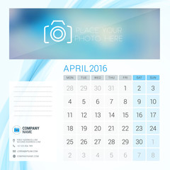 Desk Calendar for 2016 Year. April. Vector Stationery Design Template with Place for Photo, Company Logo and Contact Information. Week Starts Monday