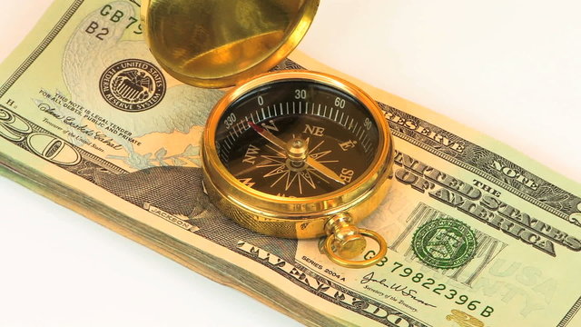 Financial Concept Compass & Money Rotating Two Clips HD