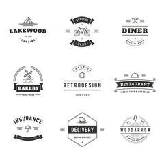 Set of Minimal Vintage Hipster Logotype Templates. Black on White Colors. Travel, Food, Delivery, Insurance