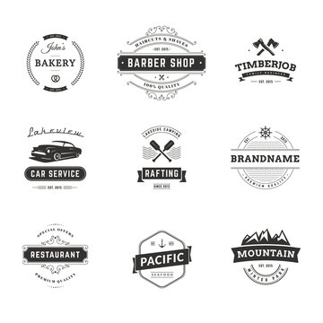 Set of Minimal Vintage Hipster Logotype Templates. Black on White Colors. Food, Car, Travel, Barber Shop
