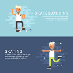 Set of Concept Flat Style Vector Sport Illustrations. Male Cartoon Character. Skateboarding, Skating. Web Banner Template