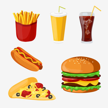 Set of colorful cartoon fast food products