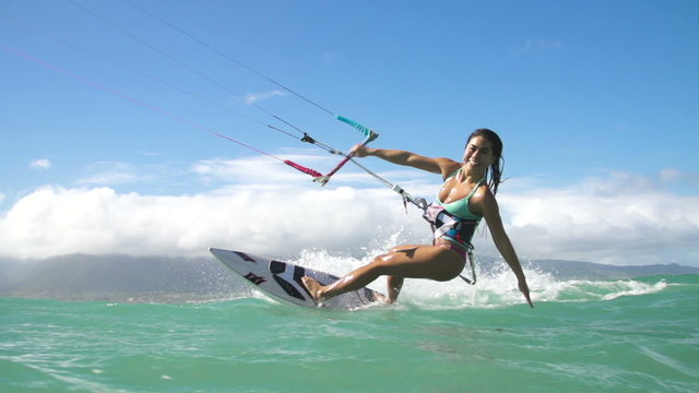 Slow Motion Woman Kite Surfing, Extreme Sport