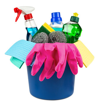 household cleaners and equipment in bucket isolated on white background