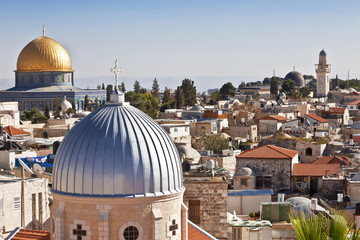 Jerusalem panoramic to roof view of sacred places christians, jewish and muslims