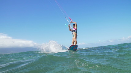 Woman Kitesurfing In Ocean, Extreme Summer Sport 