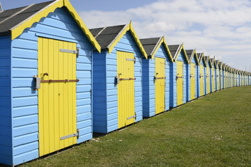 Row of beach huts on Bognor Seafront, Sussex, England