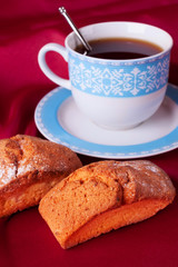 Cake and blue tea cup