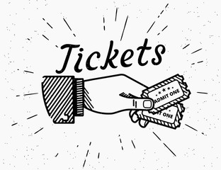 Retro grunge illustration of human hand with two tickets - obrazy, fototapety, plakaty