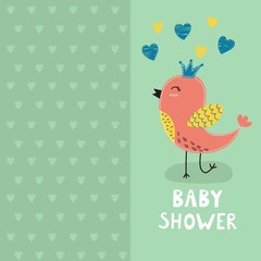 Baby shower invitation card with a cute bird. Vector illustration