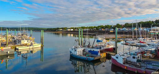 Boats in the harbour at low tide in Digby, Nova Scotia.   Nova Scotia summer, late afternoon with...