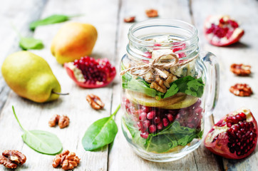 homemade pear, spinach, walnuts, pomegranate, blue cheese salad