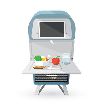 Airplane seat with opened tables, food and drink